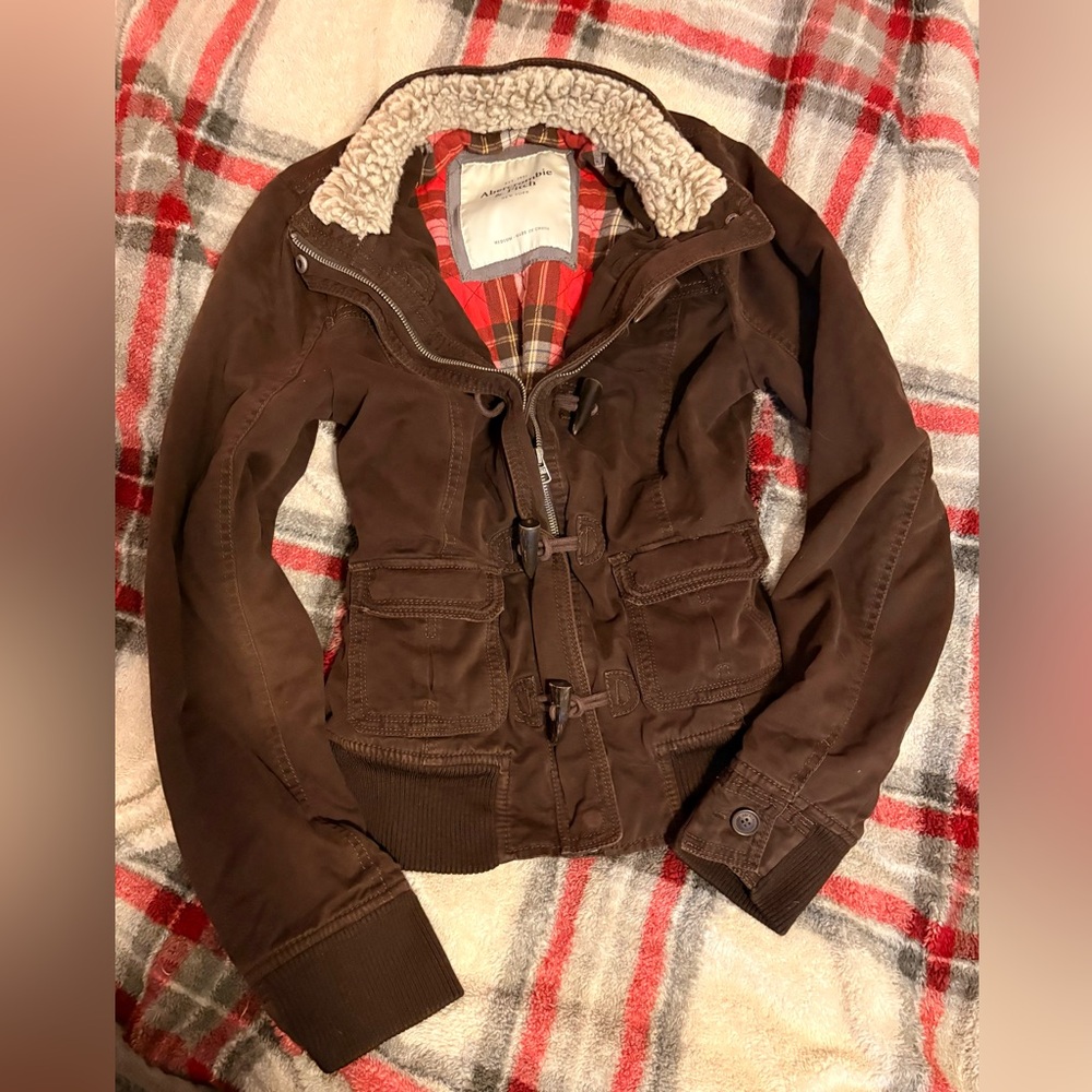 Abercrombie & Fitch Brown Utility Jacket with Faux-Shearling Collar